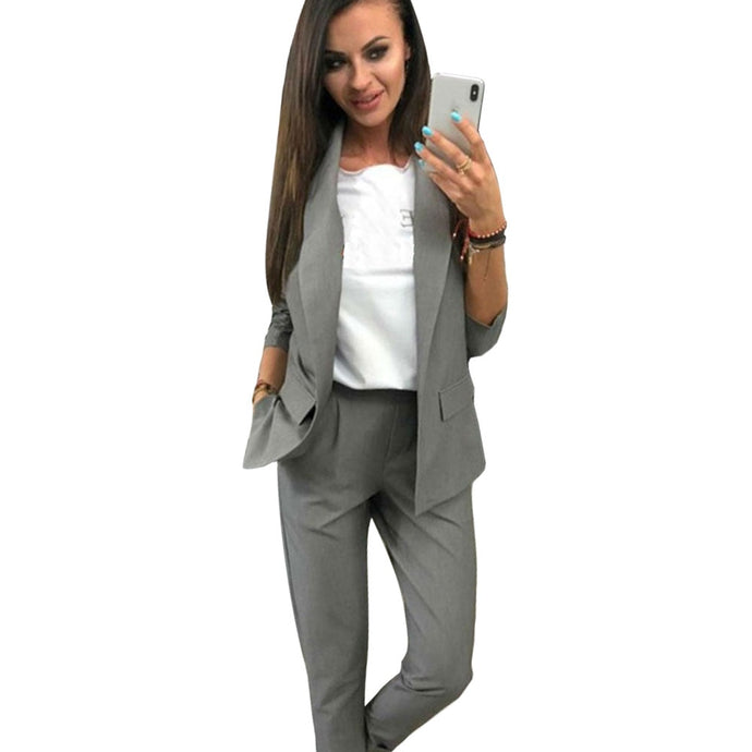 MVGIRLRU Work Pant Suits OL 2 Piece Sets Solid Color Blazer Jacket & Elastic Band Trousers Suit for Women Set Feminino Spring